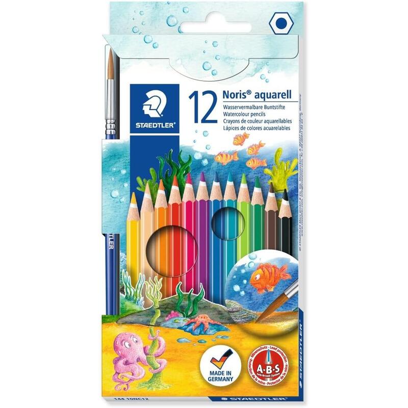 staedtler-noris-aquarell-pack-de-12-lapices-de-colores-hexagonales-pincel-madera-de-bosques-sostenibles-colores-surtidos