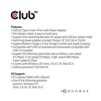 club3d-usb-hub-usb-30-typ-a-4x-usb-30-typ-a-mit-netzteil-retail
