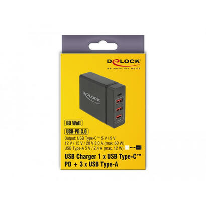 delock-cargador-enchufe-pared-usb-type-c-pd30-3x-usb-a-hembra-60w-12w-negro