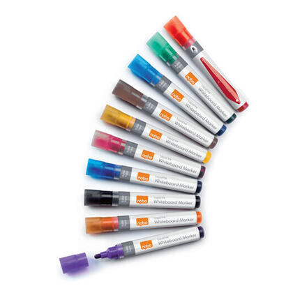 nobo-caja-de-10-rotuladores-para-pizarra-blanca-punta-redonda-3mm-tinta-liquida-nivel-de-tinta-colores-surtidos