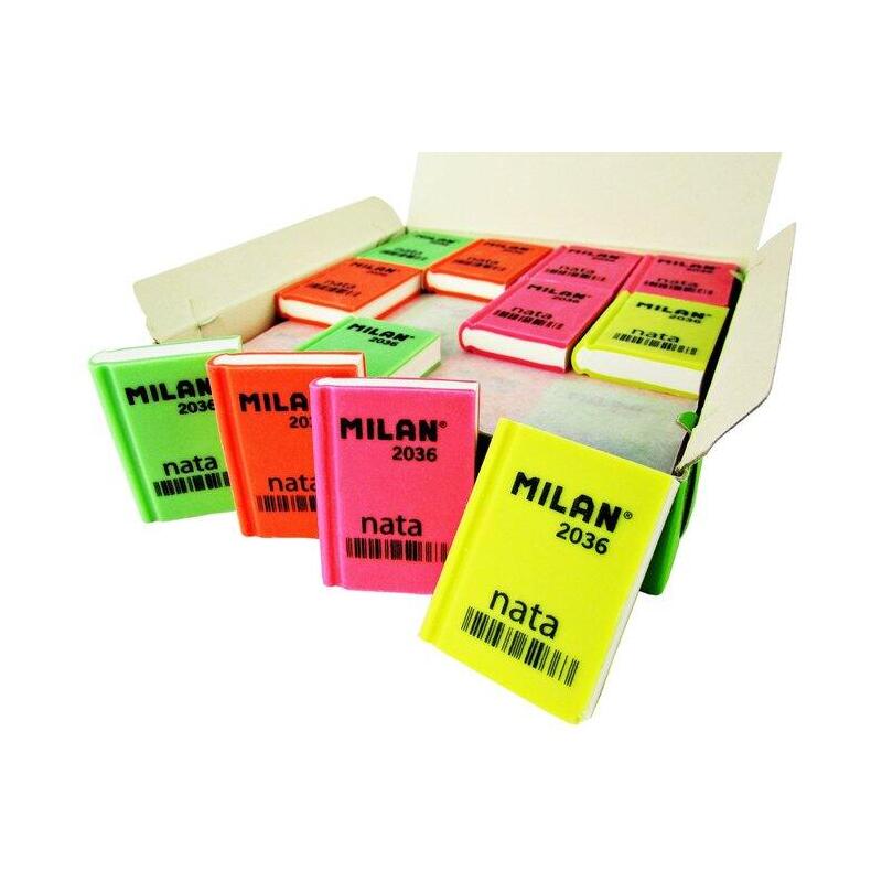 pack-de-36-unidades-milan-nata-2036-goma-de-borrar-rectangular-plastico-suave-diseno-libro-colores-fluorescentes-surtidos