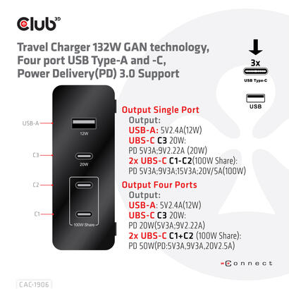 club3d-cargador-3xusb-tipo-c-1xusb-a-pd-132w-retail