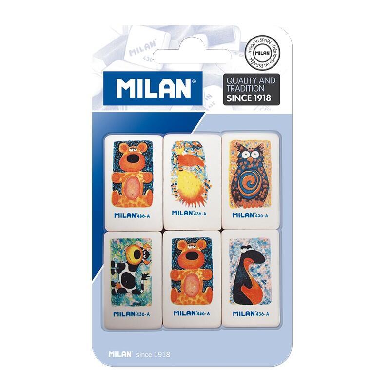 milan-436a-pack-de-6-gomas-de-borrar-rectangulares-miga-de-pan-caucho-suave-sintetico-dibujos-infantiles-surtidos-color-blanco