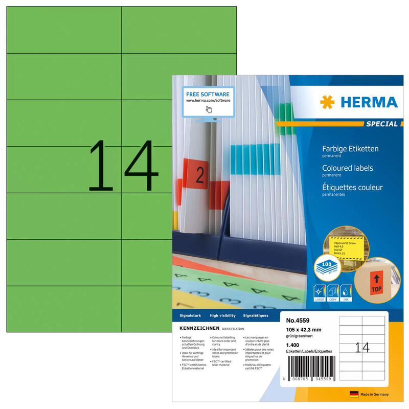 etiquetas-herma-a4-verde-105x423mm-papel-mate-1400-uds