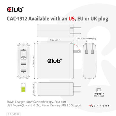 club3d-cargador-2xusb-typ-c-2xusb-typ-a-pd-100w-retail