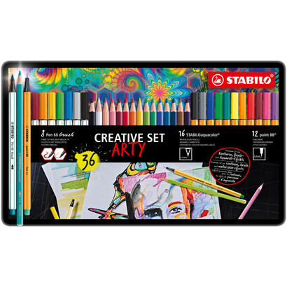 stabilo-creative-set-arty-12-point-88-8-colores-de-pen-68-brusht-y-16-colores-de-aquacolor-colores-surtidos-en-caja-de-metal