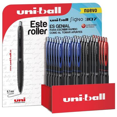 uniball-expositor-rollerball-signo-3073d-retractil-rojo-negro-azul-36u-