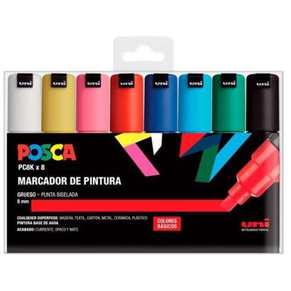 posca-marcador-pc-8k8c-no-permanente-punta-biselada-80mm-colores-surtidos-basic-estuche-8u-