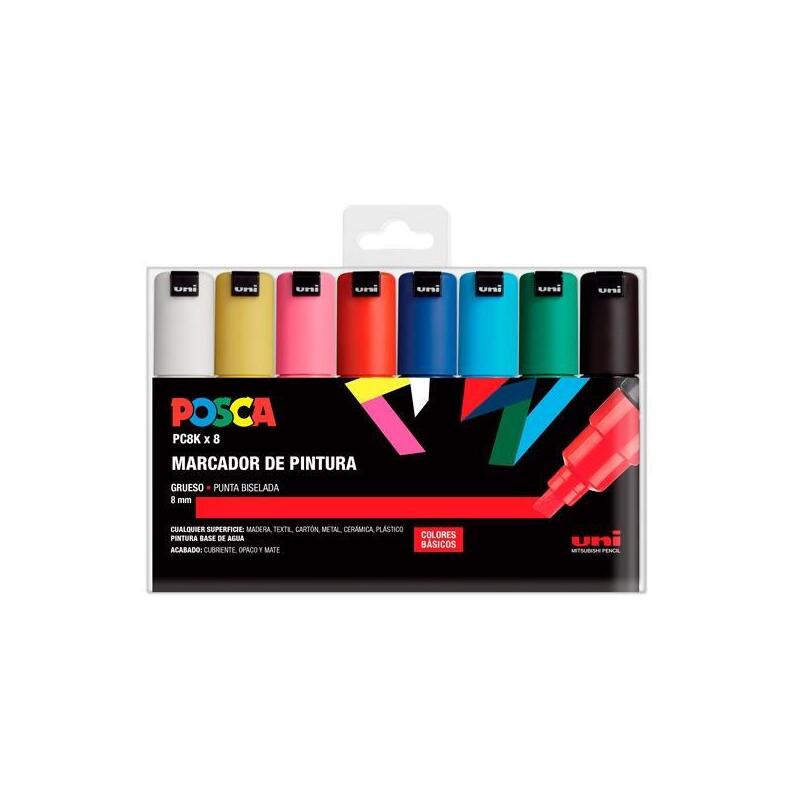 posca-marcador-pc-8k8c-no-permanente-punta-biselada-80mm-colores-surtidos-basic-estuche-8u-