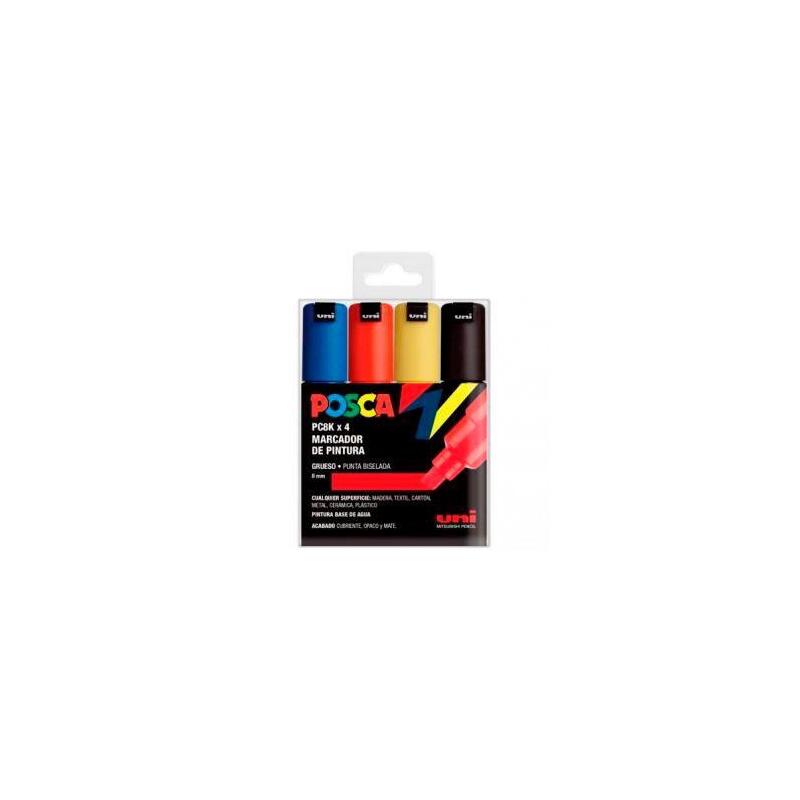 posca-marcador-pc-8k4c-no-permanente-punta-biselada-80mm-colores-surtidos-basic-estuche-4u-