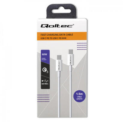 qoltec-52360-usb-20-tipo-c-cable-usb-20-tipo-c-60w-qc-30-pd-15m-white