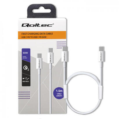 qoltec-52360-usb-20-tipo-c-cable-usb-20-tipo-c-60w-qc-30-pd-15m-white