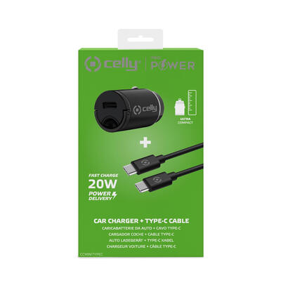 celly-ccminitypec-cargador-coche-20w-usbccable-negro