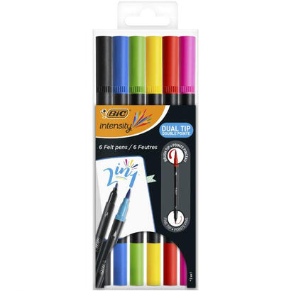 bic-intensity-dual-tip-pack-de-6-rotuladores-doble-punta-punta-de-pincel-punta-fina-tinta-con-base-de-agua-colores-clasicos-surt