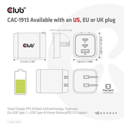club3d-cargador-2xusb-typ-c-1xusb-typ-a-pd-65w-retail