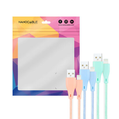 nanocable-pack-de-3-cables-mallados-usb-a-macho-a-lightning-macho-longitud-1m-colores-pastel-rosa-verde-y-azul