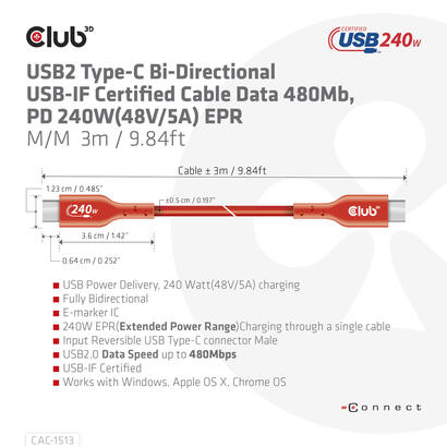 club3d-cable-certificado-usb2-tipo-c-bidireccional-usb-if-datos-480-mb-pd-240-w-48-v5-a-epr-mm-3-m984-pies