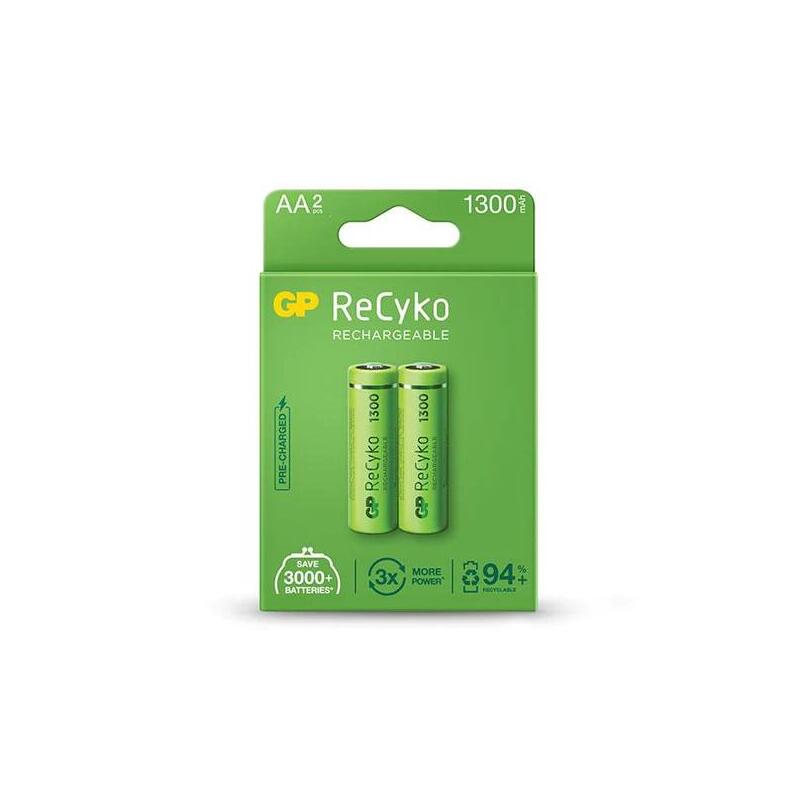 gp-recyko-pack-de-2-pilas-recargables-1300mah-aa-12v-precargadas-fabricadas-con-mas-del-10-de-materiales-reciclados