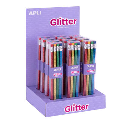 apli-glitter-collection-lapices-de-grafito-con-goma-2mm-hb-12-packs-de-8-lapices-8-colores-purpurina-expositor-160x270x190mm