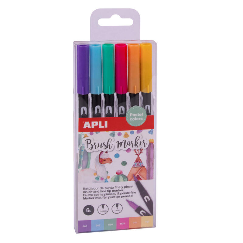 apli-rotuladores-acuarelables-de-doble-punta-1-4mm-y-1mm-tonos-pastel-tinta-base-agua-mezclables-pack-6-colores