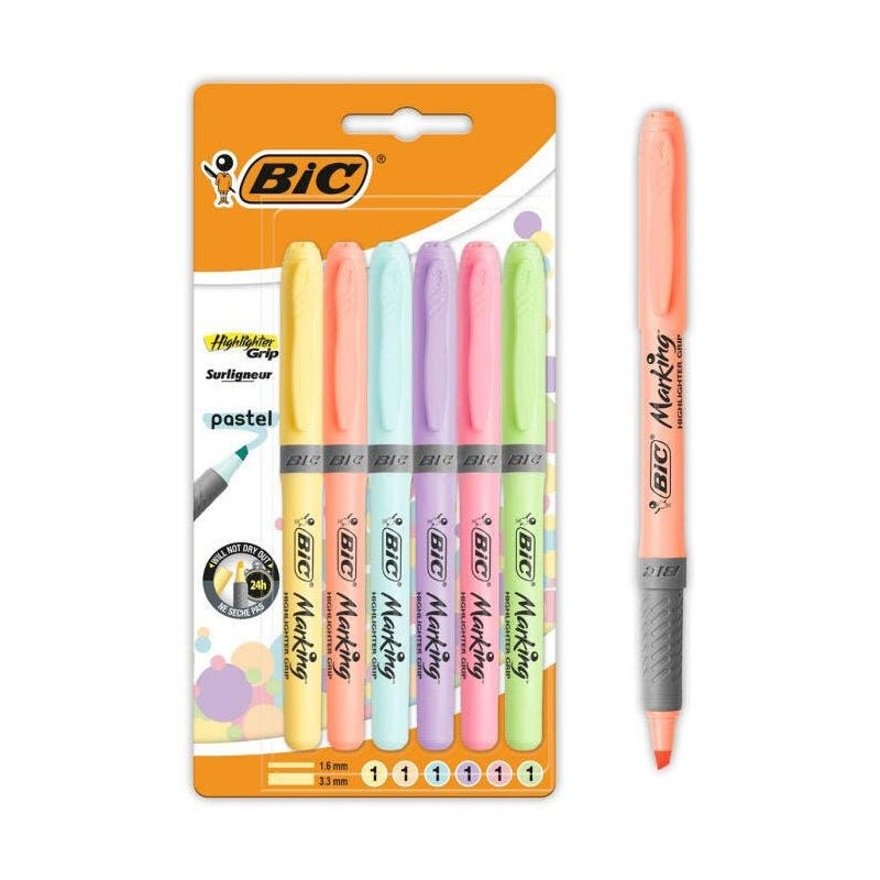 bic-highlighter-grip-pack-de-6-marcadores-fluorescentes-pastel-tinta-con-base-de-agua-punta-biselada-trazo-entre-160-y-330mm-col