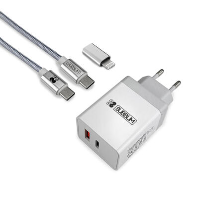 subblim-cargador-ultra-rapido-2xusb-de-pared-pd25wqc30cable-c-to-c-y-lightning-blanco