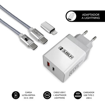 subblim-cargador-ultra-rapido-2xusb-de-pared-pd25wqc30cable-c-to-c-y-lightning-blanco