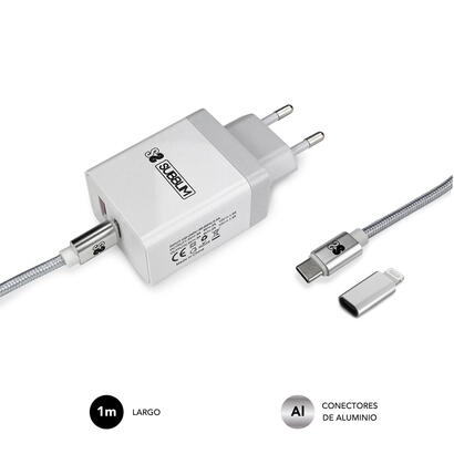 subblim-cargador-ultra-rapido-2xusb-de-pared-pd25wqc30cable-c-to-c-y-lightning-blanco