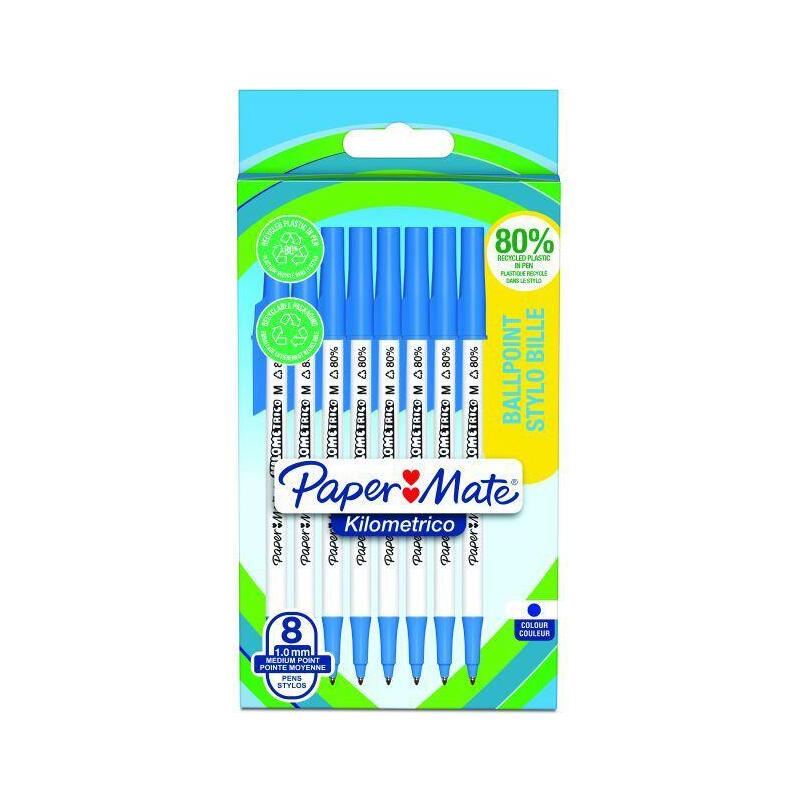 paper-mate-2187679-kilometrico-recycled-blue-ball-pen-pack-of-8-pens