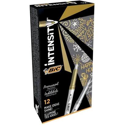pack-de-12-unidades-bic-intensity-metallic-rotulador-permanente-punta-media-18mm-trazo-08mm-grip-texturizado-color-oro-y-plata