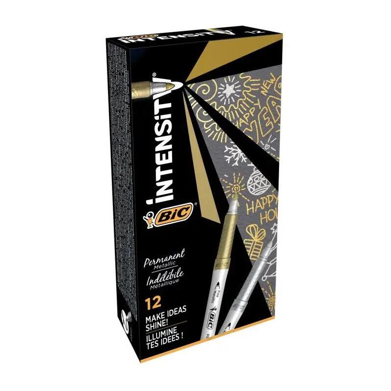 pack-de-12-unidades-bic-intensity-metallic-rotulador-permanente-punta-media-18mm-trazo-08mm-grip-texturizado-color-oro-y-plata