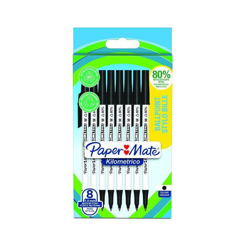 paper-mate-2187678-kilometrico-recycled-black-ball-pen-pack-of-8-pens