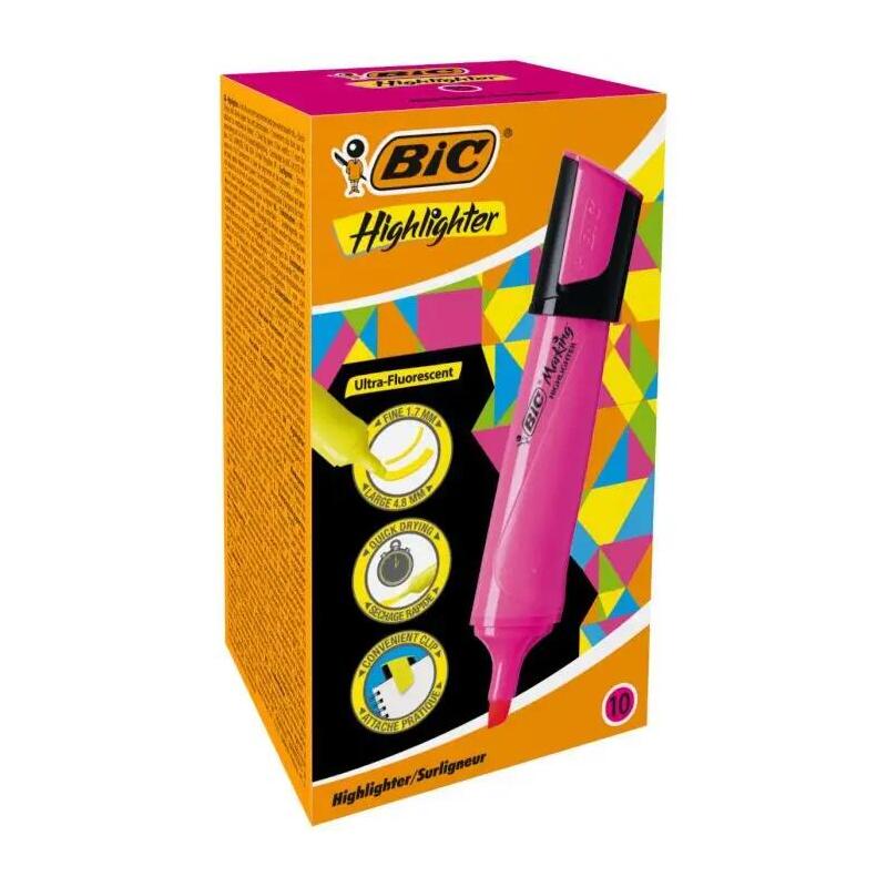 pack-de-10-unidades-bic-marking-highlighter-flat-marcador-fluorescente-punta-biselada-trazo-entre-170-y-480-mm-tinta-con-base-de