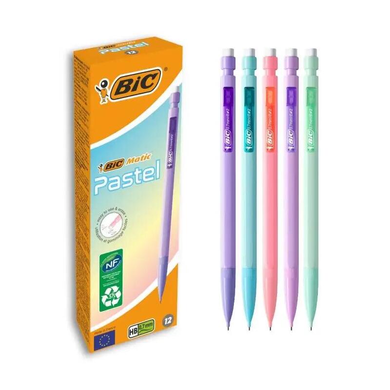 pack-de-12-unidades-bic-matic-pastel-portaminas-07mm-hb-con-goma-punta-retractil-cuerpo-de-colores-pastel-surtidos