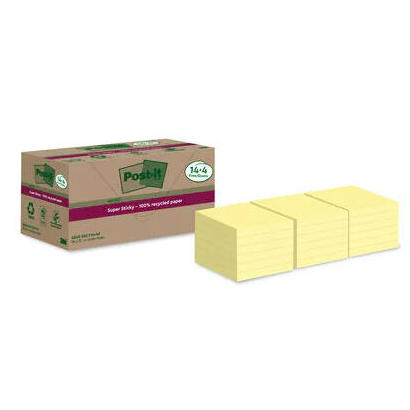 post-it-bloc-notas-70h-super-sticky-76x76mm-100-reciclado-pack-144-amarillo