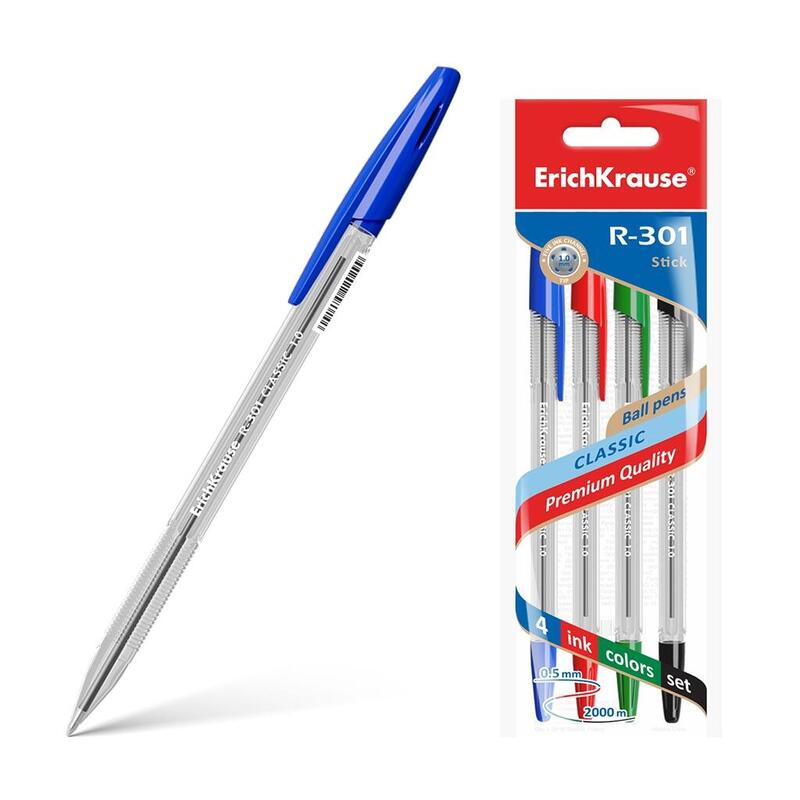 erichkrause-pack-de-4-boligrafos-r-301-classic-stick-10-cuerpo-transparente-hexagonal-punta-de-10mm-tinta-de-secado-rapido-color