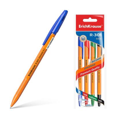 erichkrause-pack-de-4-boligrafos-r-301-naranja-stick-07-cuerpo-hexagonal-opaco-punta-de-07mm-tinta-de-secado-rapido-color-azul