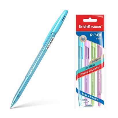 erichkrause-pack-de-4-boligrafos-r-301-spring-stick-07-cuerpo-hexagonal-translucido-tinta-de-secado-rapido-color-azul