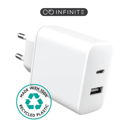 infinite-usb-charger-eu-1-x-usb-c-pd-20w-1-x-usb-a-12w-white-recycled-plastic-warranty-60m