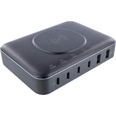 inline-qi-powerstation-multiport-power-supply-charger-4x-usb-type-c-2x-usb-type-a-gan-100w-wireless-charging-15w-negro