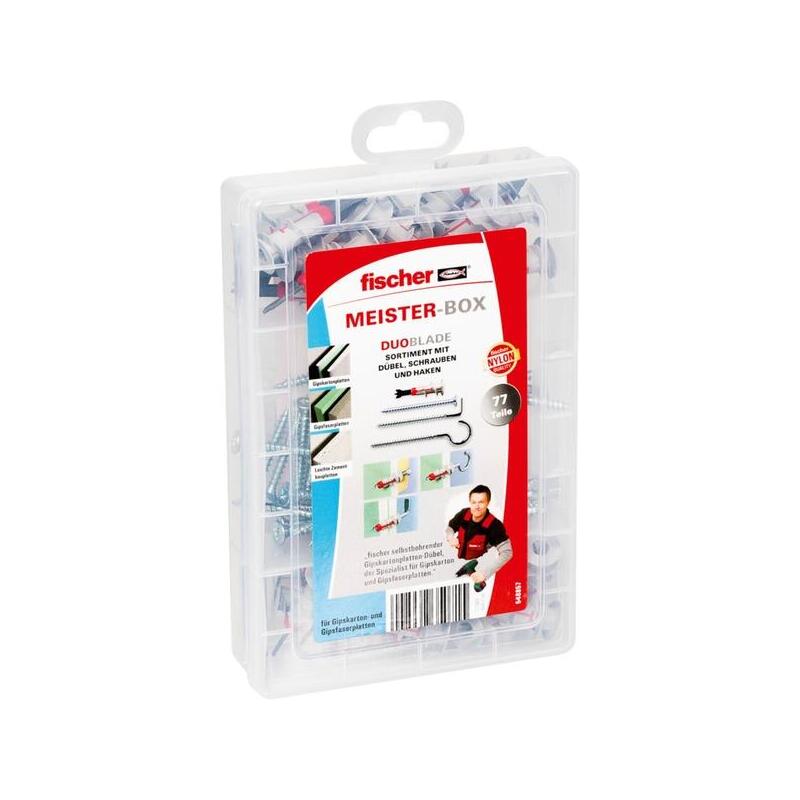 fischer-meister-box-duoblade-tacos-para-placas-de-yeso-gris-clarorojo-77-unidades-con-tornillos-y-ganchos-548857