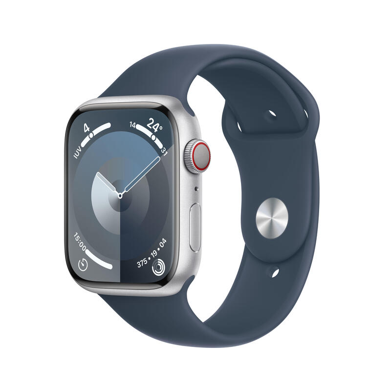 apple-watch-series-9-gps-45mm-cellular-caja-de-aluminio-plata-correa-deportiva-azul-tempestad-m-l