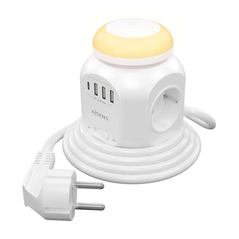 aisens-regleta-sobremesa-multifuncion-4-tomas-1xusb-c-3xusb-a-luz-nocturna-180m-blanco