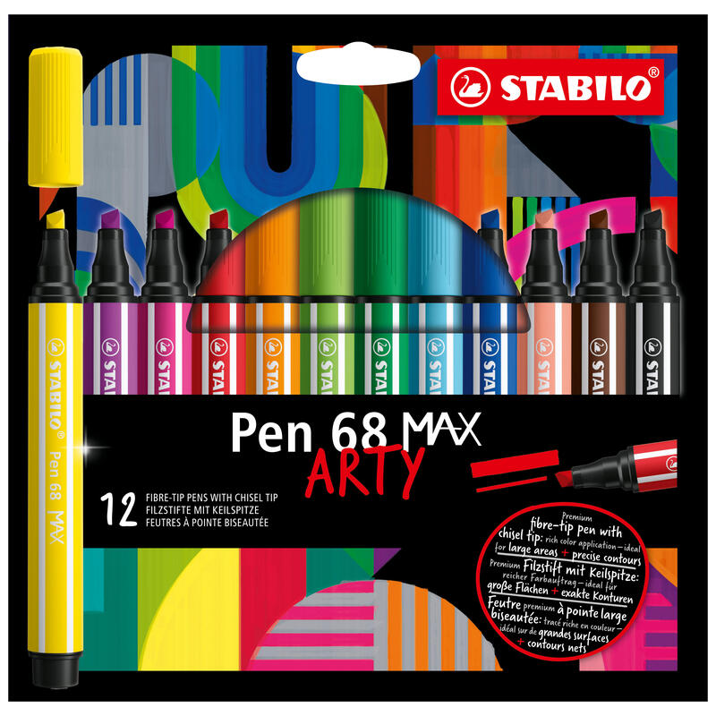 stabilo-pen-68-max-arty-pack-de-12-rotuladores-punta-de-fibra-biselada-trazo-entre-1-5mm-aprox-tinta-a-base-de