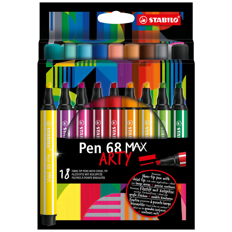 stabilo-pen-68-max-arty-pack-de-18-rotuladores-punta-de-fibra-biselada-trazo-entre-1-5mm-aprox-tinta-a-base-de