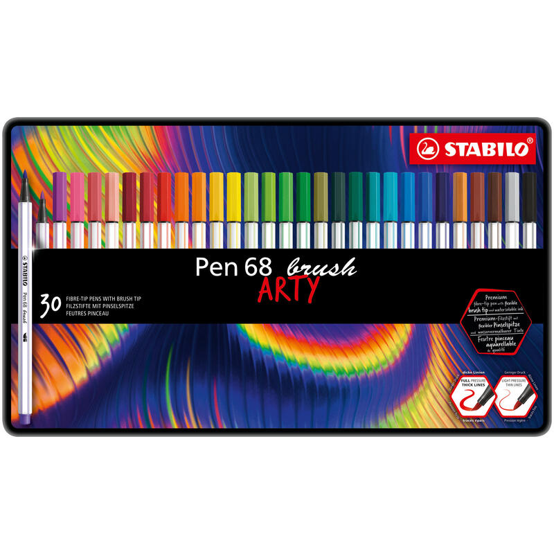 stabilo-pen-68-brush-arty-caja-metalica-de-30-rotuladores-punta-de-pincel-tinta-a-base-de-agua-colores-surtidos