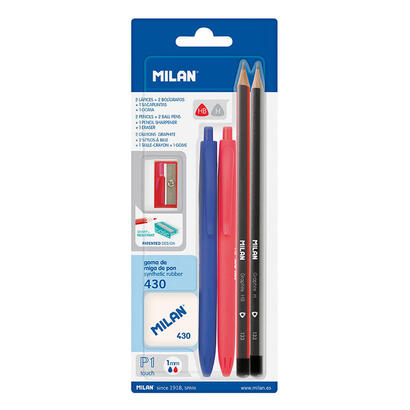 pack-de-5-unidades-blister-con-2-boligrafos-p1-azulrojo-2-lapices-grafito-hb-y-h-goma-430-y-sacapuntas-milan-colores-modelos-sur