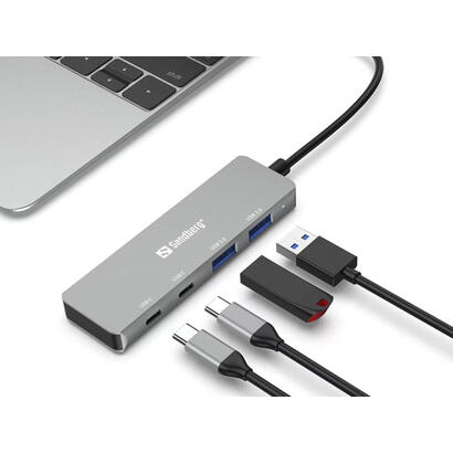 sandberg-136-50-hub-de-interfaz-usb-tipo-c-5000-mbits-gris