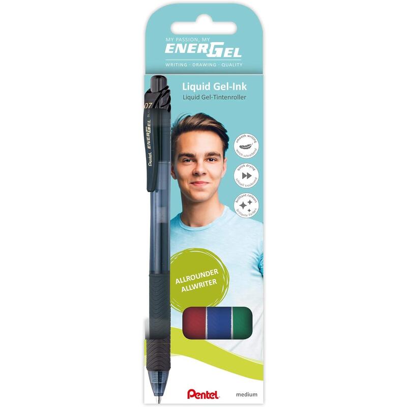 pentel-energel-x-pack-de-4-boligrafos-de-bola-retractiles-tinta-gel-punta-07mm-trazo-035mm-recargable-grip-de