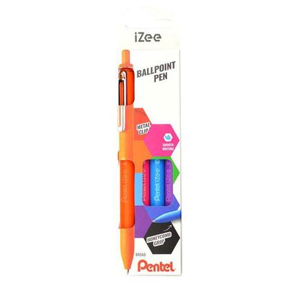 pentel-izee-pack-de-4-boligrafos-de-bola-retractiles-punta-07mm-trazo-035mm-clip-de-metal-colores-naranja